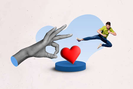 Magazine poster collage of brave guy fight against big hand violent red heart concept of stopping harassmentの写真素材