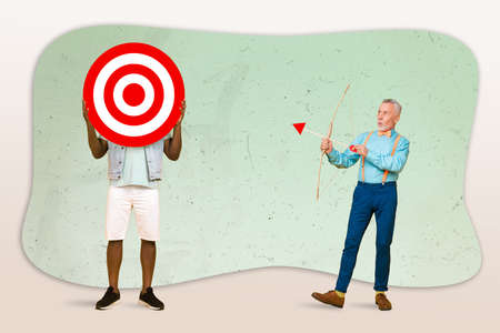 Composite collage illustration of two people arms hold darts cover head shoot arrow bow isolated on...