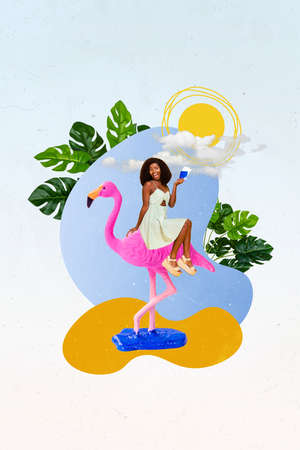 Banner mockup collage of lovely girl sit on pink flamingo enjoy summer time hotel resort isolated paint backgroundの写真素材