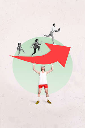 Vertical collage illustration of excited positive man arms hold growth arrow small people run target black white gammaの写真素材