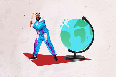 Composite collage image of sportive guy hold baseball bat shoot punch drawing big planet earth globe isolated on painted backgroundの写真素材