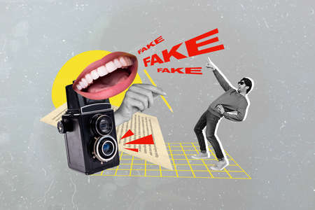 Composite collage picture of young small guy black white gamma point finger fake text big arm hold pen mouth smile retro photo cameraの写真素材