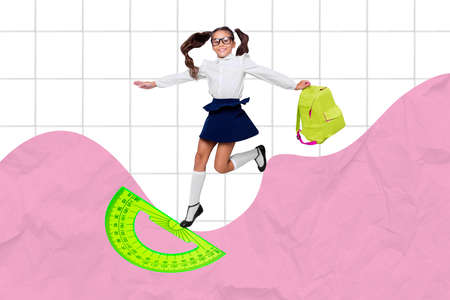 Composite collage illustration of excited little girl hold backpack drawing protractor isolated on painted copybook paper wave backgroundの写真素材