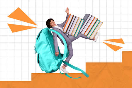 Creative collage picture of small boy carry huge backpack pile stack book walk climb stairs up...