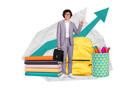 Composite collage picture of kid boy hold briefcase direct finger empty space growing arrow direction big piles tack book backpack pencil cupの写真素材