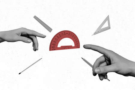 3d retro abstract creative artwork template collage of hands arms fingers pointing geometric protractor isolated painting backgroundの写真素材