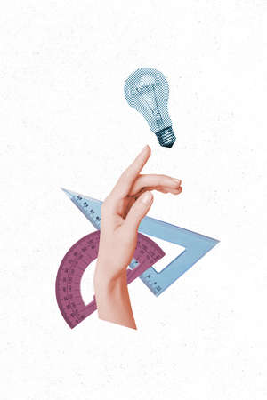 Photo cartoon comics sketch picture of arm palm pointing finger light bulb rulers isolated drawing...