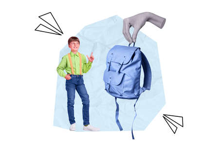 Photo artwork minimal picture of funky happy little child pointing big rucksack isolated drawing backgroundの写真素材