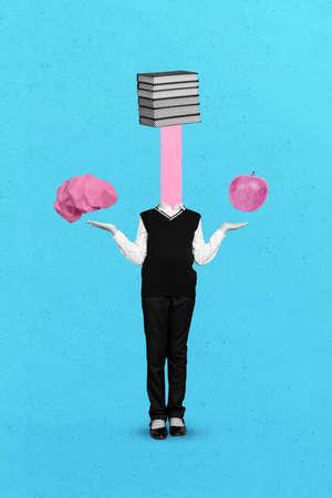 Vertical poster collage of school guy book instead head wear uniform isolated on drawing blue color backgroundの写真素材