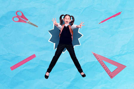 3d retro abstract creative artwork template collage of little child catching falling education sullies isolated painting backgroundの写真素材