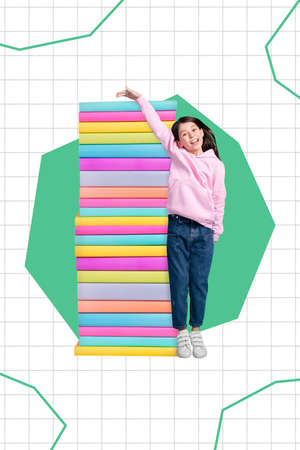 Vertical collage image of excited cheerful girl hand measure big book pile stack isolated on copybook checkered pattern backgroundの写真素材