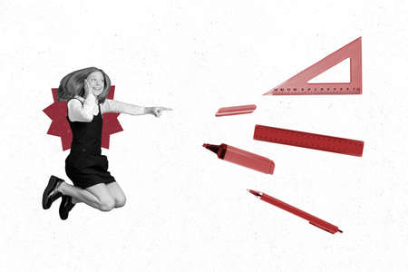 Collage artwork graphics picture of shocked funky little child pointing finger education stuff isolated painting backgroundの写真素材