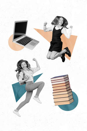 Vertical banner collage of two girls jump yell notebook book wear school uniform isolated painting on white color backgroundの写真素材
