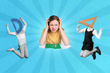 Poster collage of school girl hard to learn math wear casual cloth isolated on drawing blue color backgroundの写真素材