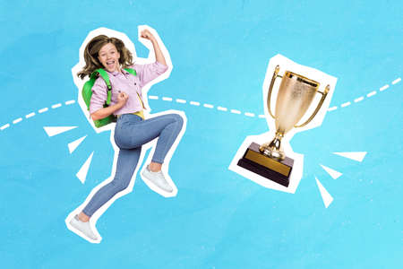 Collage 3d image of pinup pop retro sketch of funky lucky little child celebrating winning trophy isolated painting backgroundの写真素材