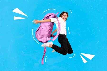 Composite collage portrait of little excited overjoyed boy jump flight huge pink backpack isolated...