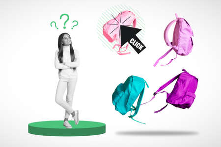 Poster collage of little girl stand choose bad wear casual cloth isolated on drawing white color backgroundの写真素材