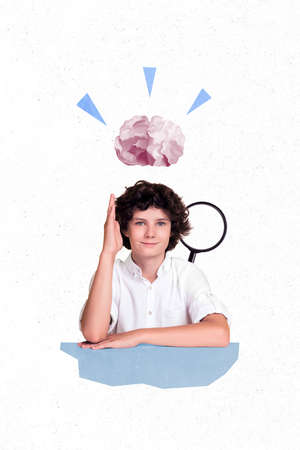 Vertical collage picture of smart positive boy raise arm know answer magnifier loupe drawing brain above headの写真素材