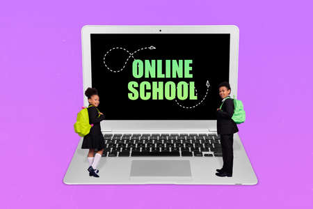Creative collage picture of two small kids stand wireless netbook online school display text...
