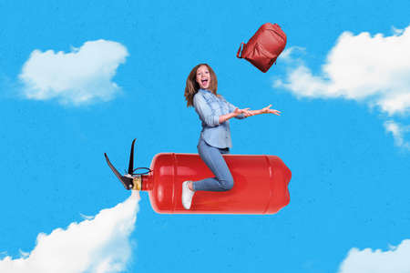 Creative collage image of excited happy little girl sitting fire extinguisher throw backpack isolated on clouds sky backgroundの写真素材