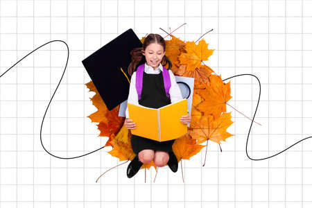 Collage image of smart little girl hold read book big maple leaves mortarboard hat isolated on checkered copybook backgroundの写真素材