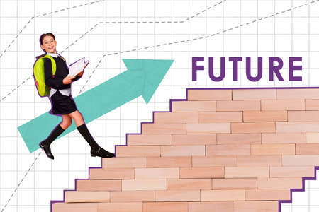 Composite collage picture of small clever girl hold read book walk climb stairs painted arrow point future isolated on copybook checkered backgroundの写真素材