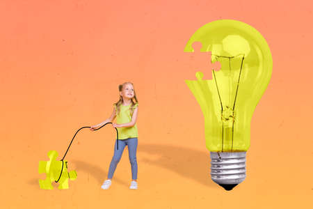 Collage image of funny small girl hands hold puzzle piece rope complete big light bulb isolated on painted backgroundの写真素材