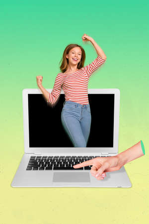 Vertical collage image of big arm finger point netbook delighted girl display raise fists celebrate success isolated on painted backgroundの写真素材