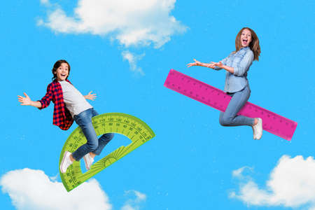 Composite collage picture of two excited small kids sit protractor ruler flight clouds sky isolated on creative backgroundの写真素材