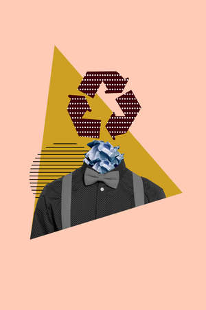 Vertical collage placard of man without head recycle black and white color isolated on drawing peach...