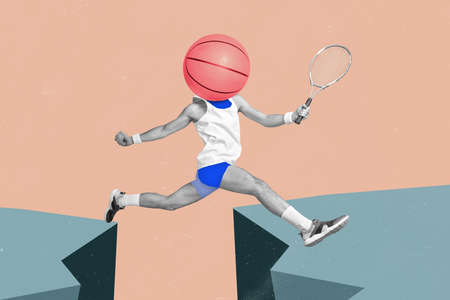 Placard collage of man ball instead head run marathon black and white isolated on drawing brown color backgroundの写真素材
