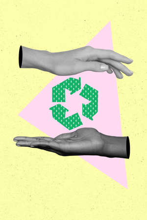 Creative artwork collage arms hold green levitate recycling symbol saving ecology environmental care garbage awareness mindfulness conceptの写真素材