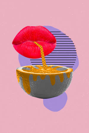 Creative 3d photo artwork graphics painting of beautiful lips drinking tasty orange juice isolated drawing backgroundの写真素材