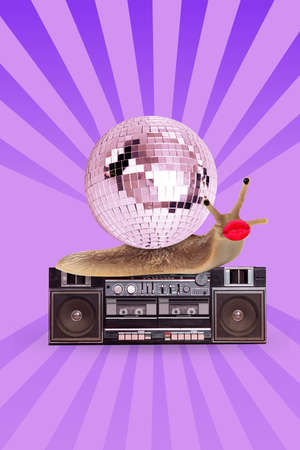 Vertical collage image of snail red lips boom box huge disco ball instead shell isolated on painting backgroundの写真素材