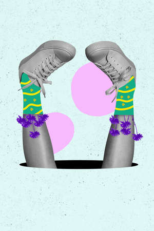 Collage mockup of youth teen girl upside down show modern run sneakers isolated on light blue color backgroundの写真素材