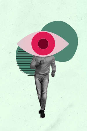 Vertical collage image of overjoyed person black white effect dancing huge eye instead head isolated on painted backgroundの写真素材