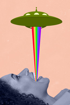 3d retro abstract creative artwork template collage of funny lady open mouth starship light inside isolated painting backgroundの写真素材