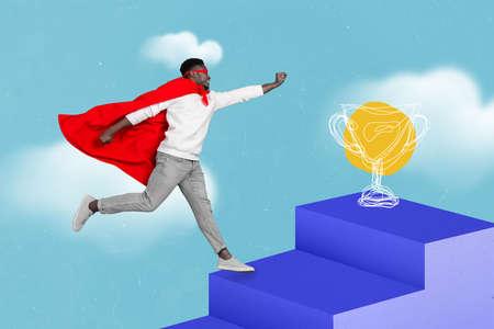 Magazine poster collage of determined comics super hero run fast target goal golden cup rise up on sky painted backgroundの写真素材