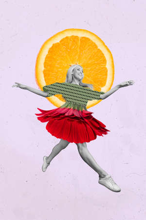 Banner collage of cute white black filter lady jump dance in floral plant outfit isolated citrus slice purple color backgroundの写真素材