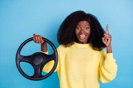 Photo of pretty lovely funny girl curly hairdo wear yellow jumper directing empty space astonished...