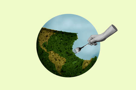 Collage illustration of human arm black white effect hold fork eat green planet earth isolated on creative backgroundの写真素材