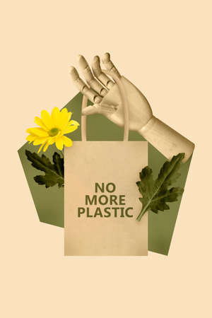 Collage vertical photo abstract wood hand hold bag eco-friendly with yellow flower isolated on beige color backgroundの写真素材