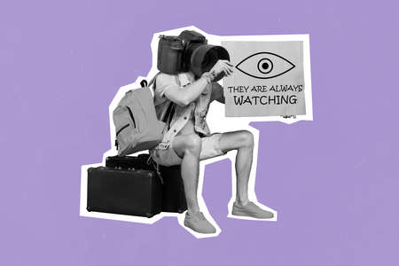 Collage photo of sitting surrealistic guy camera head paparazzi showing poster sitting suitcase travel over world isolated on purple color backgroundの写真素材