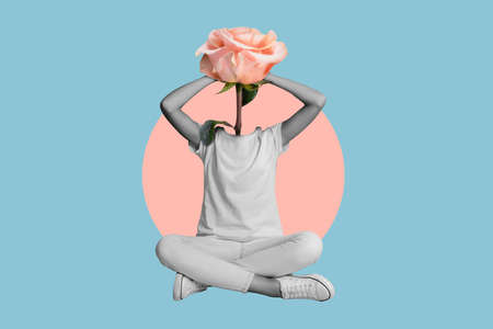 Collage photo of woman body with beautiful rose head wear casual style isolated on blue color backgroundの写真素材