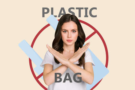 Photo cartoon comics sketch picture of lovely serious girl crossed hands show stop sign against...