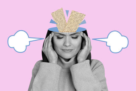 Portrait of girl black white gamma feel bad unwell painted steam head ache book paper text isolated...