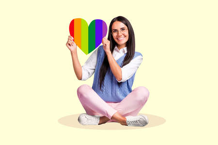 Creative 3d abstract collage template graphics image artwork sketch of funny lady hold heart sign isolated on drawing backgroundの写真素材