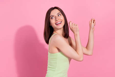 Photo of pretty lovely girlfriend lady summer outfit good mood enjoy rest relax look empty space isolated on pink color backgroundの写真素材