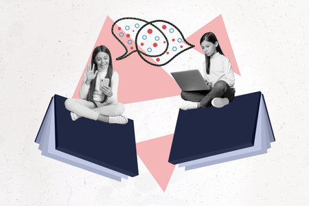 Composite collage picture of two small girls black white colors use telephone netbook sit huge book...