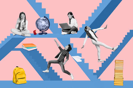 Collage 3d image of pinup pop retro sketch of happy small kids preparing tasks tests isolated painting backgroundの写真素材